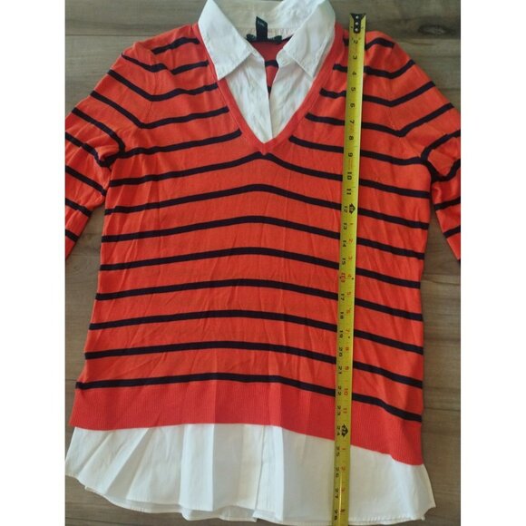 NWT Lauren Ralph Lauren Orange Striped Long Sleeve Built in Collar Shirt Sweater - Picture 7 of 10